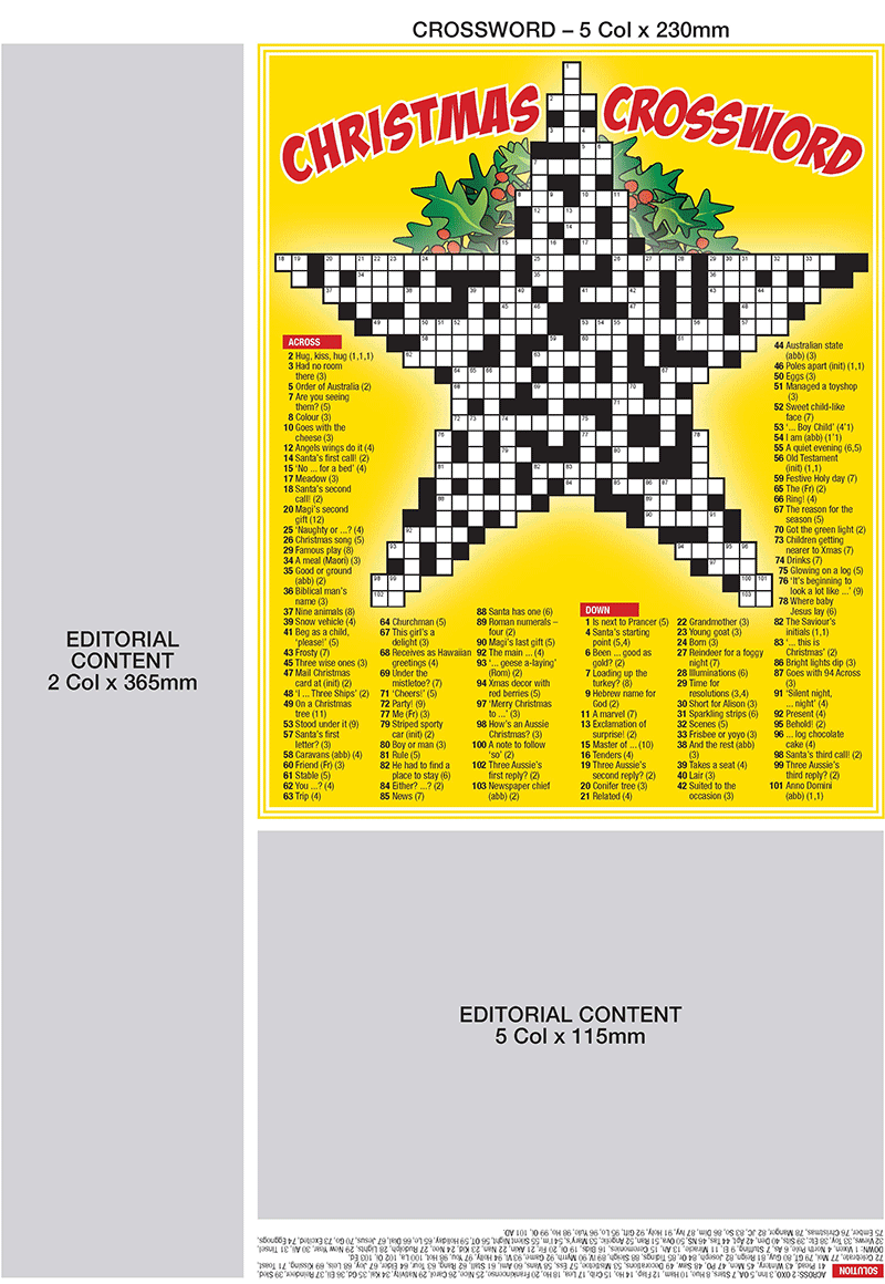 Thumbnail for Christmas Star Crossword with space for advertising. 230mm x 5 col