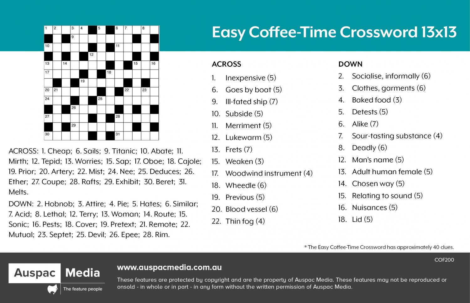 This crossword is ideal for the working person - with simple clues, it shou...